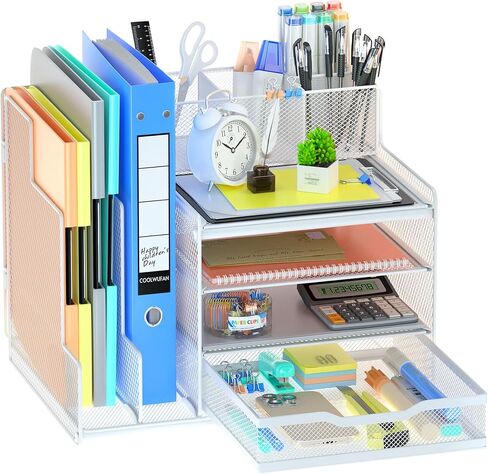 VIVSOL Desk Organizer with Mesh File Holder, 4-Tier Office Supplies Desk Organizers and Accessories with Sliding Drawers & Pen Holder, Desk File Organizer and Storage for Office, School, Home, Black in Saudi Arabia