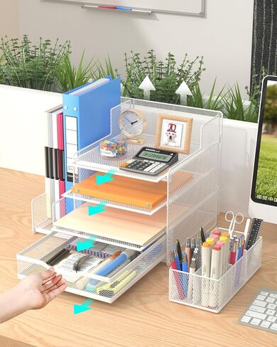 VIVSOL Desk Organizer with Mesh File Holder, 4-Tier Office Supplies Desk Organizers and Accessories with Sliding Drawers & Pen Holder, Desk File Organizer and Storage for Office, School, Home, Black in Saudi Arabia