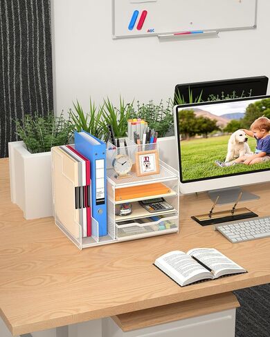 VIVSOL Desk Organizer with Mesh File Holder, 4-Tier Office Supplies Desk Organizers and Accessories with Sliding Drawers & Pen Holder, Desk File Organizer and Storage for Office, School, Home, Black in Saudi Arabia