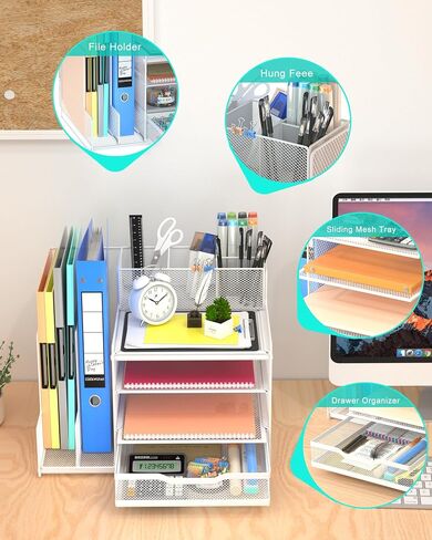 VIVSOL Desk Organizer with Mesh File Holder, 4-Tier Office Supplies Desk Organizers and Accessories with Sliding Drawers & Pen Holder, Desk File Organizer and Storage for Office, School, Home, Black in Saudi Arabia
