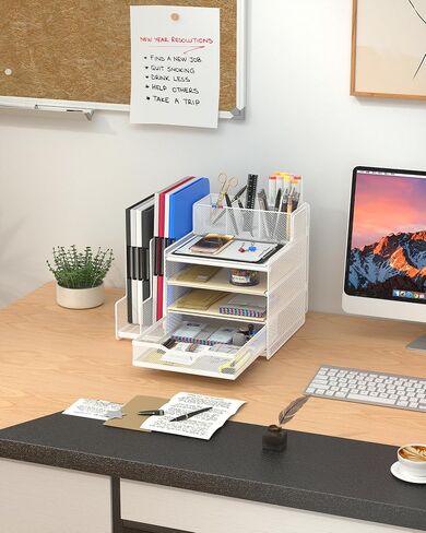 VIVSOL Desk Organizer with Mesh File Holder, 4-Tier Office Supplies Desk Organizers and Accessories with Sliding Drawers & Pen Holder, Desk File Organizer and Storage for Office, School, Home, Black in Saudi Arabia