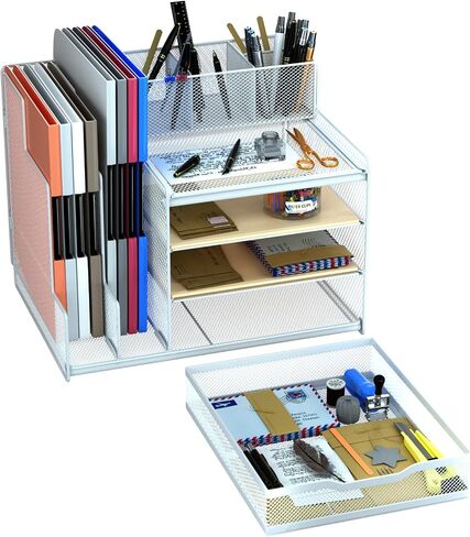 VIVSOL Desk Organizer with Mesh File Holder, 4-Tier Office Supplies Desk Organizers and Accessories with Sliding Drawers & Pen Holder, Desk File Organizer and Storage for Office, School, Home, Black in Saudi Arabia