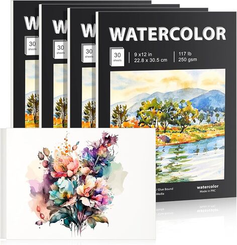 Kosiz 4 Pcs 9"x12" Watercolor Pad Cold Pressed Watercolor Paper Pad Heavy 117lb/250gsm Watercolor Paper Total 120 Sheets for Painting Drawing Wet Dry Mixed Media Student Adult Beginner Art Supplies in Saudi Arabia