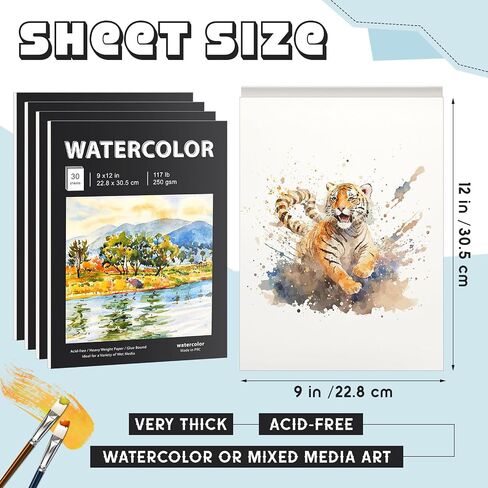 Kosiz 4 Pcs 9"x12" Watercolor Pad Cold Pressed Watercolor Paper Pad Heavy 117lb/250gsm Watercolor Paper Total 120 Sheets for Painting Drawing Wet Dry Mixed Media Student Adult Beginner Art Supplies in Saudi Arabia