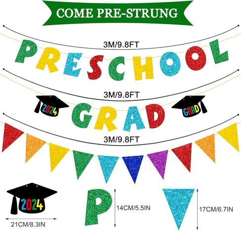 JOZON لافتة تخرج ملونة لامعة لمرحلة ما قبل المدرسة وراية راية للأطفال 2024 التخرج في مرحلة ما قبل المدرسة تهنئة التخرج لافتة إكليل 2024 ديكورات حفلات التخرج لمرحلة ما قبل المدرسة للعباءة الداخلية والخارجية in Kuwait