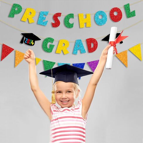 JOZON لافتة تخرج ملونة لامعة لمرحلة ما قبل المدرسة وراية راية للأطفال 2024 التخرج في مرحلة ما قبل المدرسة تهنئة التخرج لافتة إكليل 2024 ديكورات حفلات التخرج لمرحلة ما قبل المدرسة للعباءة الداخلية والخارجية in Kuwait