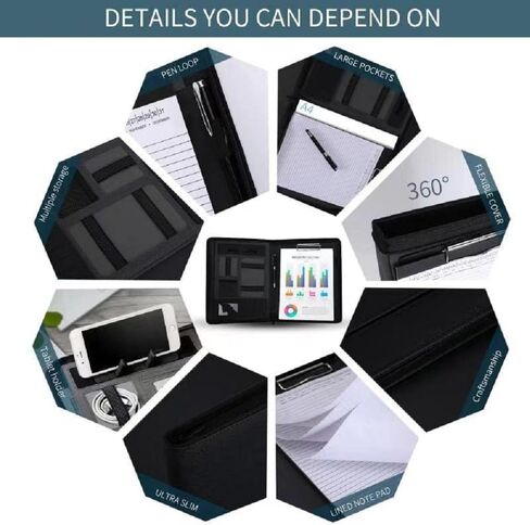 COGUCI Black Protective 13.3 Inch Tablet Sleeve with ZipperedPortfolio Folder PU Leather Padfolio for Men, Resume Portfolio Folder, Elastic Cord, Document Sleeve, Letter Size Clipboard in Saudi Arabia