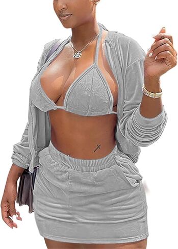 Skirt Sets Women 2 Piece Outfits Velvet Cute Hoodie Mini Skirt Top Y2K Casual Velour Tracksuit Set With Free Bra in Saudi Arabia