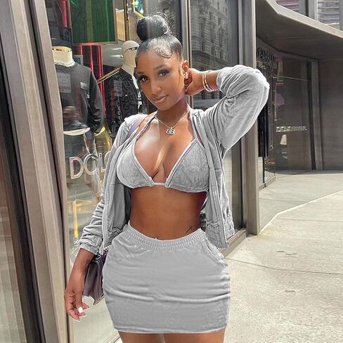 Skirt Sets Women 2 Piece Outfits Velvet Cute Hoodie Mini Skirt Top Y2K Casual Velour Tracksuit Set With Free Bra in Saudi Arabia