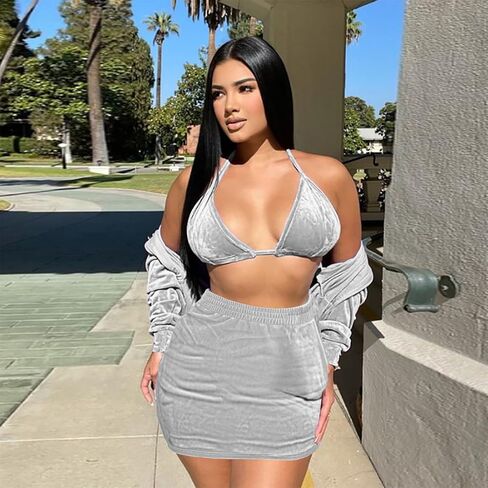 Skirt Sets Women 2 Piece Outfits Velvet Cute Hoodie Mini Skirt Top Y2K Casual Velour Tracksuit Set With Free Bra in Saudi Arabia