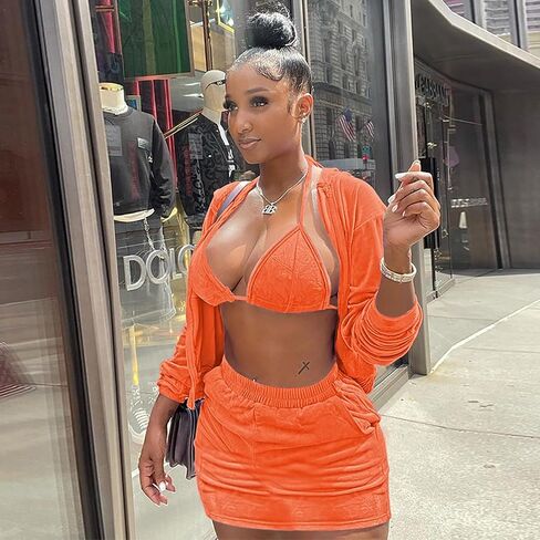 Skirt Sets Women 2 Piece Outfits Velvet Cute Hoodie Mini Skirt Top Y2K Casual Velour Tracksuit Set With Free Bra in Saudi Arabia