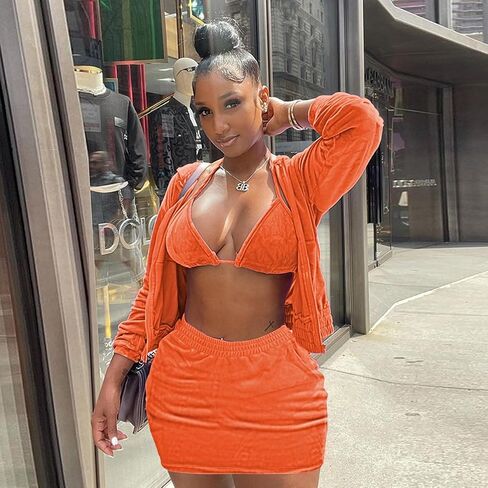 Skirt Sets Women 2 Piece Outfits Velvet Cute Hoodie Mini Skirt Top Y2K Casual Velour Tracksuit Set With Free Bra in Saudi Arabia