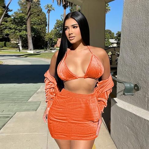 Skirt Sets Women 2 Piece Outfits Velvet Cute Hoodie Mini Skirt Top Y2K Casual Velour Tracksuit Set With Free Bra in Saudi Arabia