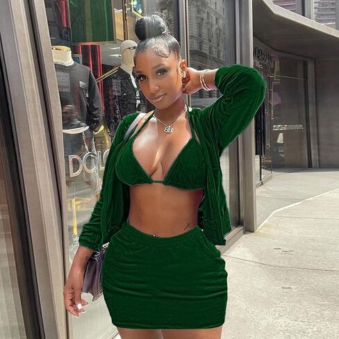 Skirt Sets Women 2 Piece Outfits Velvet Cute Hoodie Mini Skirt Top Y2K Casual Velour Tracksuit Set With Free Bra in Saudi Arabia