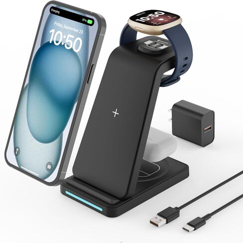 شاحن لاسلكي لساعة فيتبيت: محطة شحن JoyGeek 3 في 1 لـ Versa 4/Versa 3/Sense 2/Sense، قاعدة شحن الهاتف لهواتف iPhone وGoogle Pixel، لهاتف Galaxy، Airpods 3/2 (أسود حديدي) in Kuwait