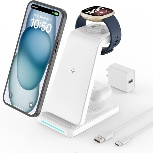 شاحن لاسلكي لساعة فيتبيت: محطة شحن JoyGeek 3 في 1 لـ Versa 4/Versa 3/Sense 2/Sense، قاعدة شحن الهاتف لهواتف iPhone وGoogle Pixel، لهاتف Galaxy، Airpods 3/2 (أسود حديدي) in Kuwait