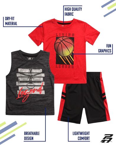 طقم شورت للأولاد من Pro Athlete - تي شيرت بأكمام قصيرة وقميص بدون أكمام وشورت من 3 قطع - طقم ملابس رياضية للأولاد (2T-7) in Kuwait