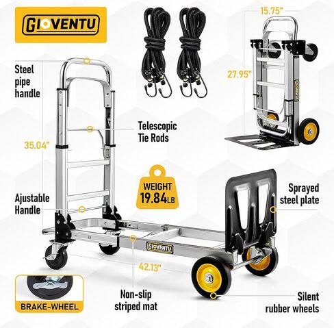 شاحنة يدوية قابلة للتحويل مطورة، 3 في 1 شاحنة يدوية قابلة للطي بسعة 440 رطل، عربة دوللي من الألومنيوم مع عجلات فرامل مطاطية، شريط مضاد للانزلاق و2 حبال بنجي لمستودع نقل الأمتعة in Kuwait