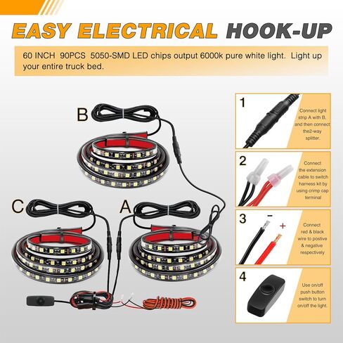 GOOACC RGB Truck Bed Light Strip 3PCS 60" 270 LEDs Neon Accent Lights with RF Remote On/Off Switch Splitter Extension Cable for 12-Volt Truck Cargo Pickup SUV RV Boat Lights, 2 Years Warranty in Kuwait