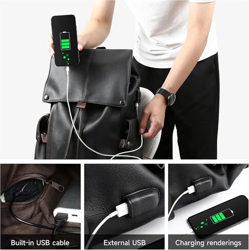 MATE ELAN Black Leather Laptop Backpack For Men Waterproof Vintage Business School Travel College Student Bookbag Casual Work Overnight Backpack in Saudi Arabia