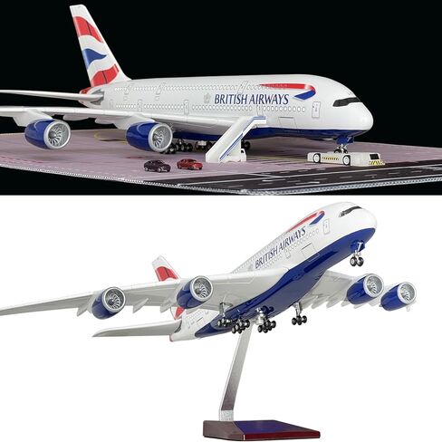 QOADXPC 1:160 نموذج طائرة الخطوط الجوية البريطانية A380، طول 18.1 بوصة، مع أضواء LED، مادة الراتنج عالية المحاكاة، دعائم مشهد المطار مجانًا، زخارف مجموعة هدايا عيد ميلاد الأطفال in Kuwait