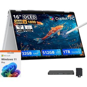 HP OmniBook 7 Flip 2-in-1 16" OLED Touch Laptop, Intel Core Ultra 7 258V, 32GB LPDDR5X, 1.5TB Storage(512GB SSD+1TB Docking Station Set), Intel Arc Graphics, Wi-Fi 7, Copilot+ PC, Win 11 Pro, Silver in Kuwait
