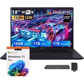 ASUS Vivobook 18 Copilot+ PC, 18" WUXGA 144Hz IPS Display, AMD Ryzen 7 260, 32GB DDR5, 2TB Storage (1TB SSD+1TB Docking Station), AMD Radeon Graphics, Backlit Keyboard, Wi-Fi 6, Win 11 Pro, Blue in Kuwait