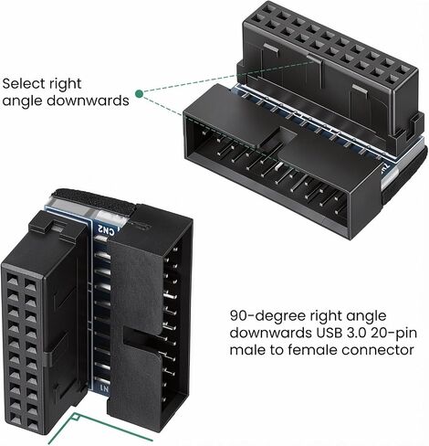 2Pack Down Right Angle USB 3.0 19-Pin Connector, Right Angled Motherboard Adapter, Black USB 3.0 19pin/20pin Male to Female for Desktop Motherboard Internal Header Adapter in Saudi Arabia