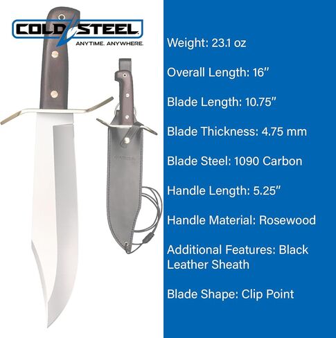 Ameristep Wild West Bowie 10.75" 1090 High-Carbon Steel Clip Point Blade 5.25" Rosewood Handle Fixed Blade Knife w/Leather Sheath in Kuwait