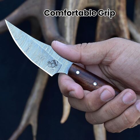 Knives Ranch Handmade EDC Fixed Blade Hunting Knife – Forged Damascus Steel – Rosewood Handle – Horizontal Carry Sheath – Outdoor Cowboy Knife (3180-IRW) in Kuwait
