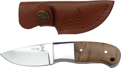 Elk Ridge 111 Series Outdoors Fixed Blade Knife - 5-in Overall, 440 Stainless Steel Mirror Polished Blade, Burl Wood Handle, Leather Sheath - Hunting, Camping, Survival in Kuwait