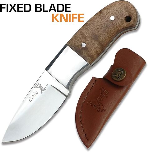 Elk Ridge 111 Series Outdoors Fixed Blade Knife - 5-in Overall, 440 Stainless Steel Mirror Polished Blade, Burl Wood Handle, Leather Sheath - Hunting, Camping, Survival in Kuwait