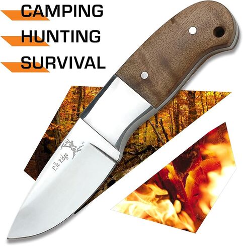 Elk Ridge 111 Series Outdoors Fixed Blade Knife - 5-in Overall, 440 Stainless Steel Mirror Polished Blade, Burl Wood Handle, Leather Sheath - Hunting, Camping, Survival in Kuwait