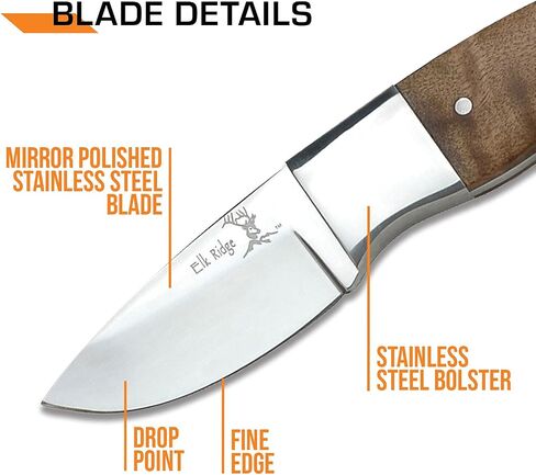 Elk Ridge 111 Series Outdoors Fixed Blade Knife - 5-in Overall, 440 Stainless Steel Mirror Polished Blade, Burl Wood Handle, Leather Sheath - Hunting, Camping, Survival in Kuwait