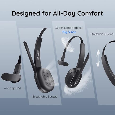 EKSA Trucker Bluetooth Headset, Wireless Headset with Microphone AI Noise Canceling, On Ear Bluetooth Headphone with Mute for Driver Office Call Center Computer Skype in Kuwait