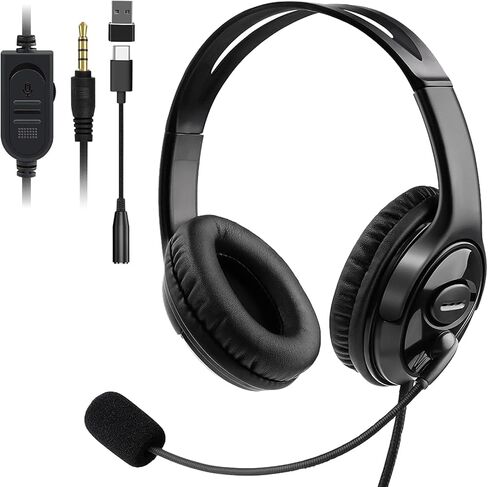 Wired Single Ear Headset with 3.5mm Jack & USB-C & USB-A Adapter for PS5, PS4, Xbox, Switch, PC, iPhone, iPad, Android - Unilateral Mono Headphone for Gaming, Call Center, Remote Work, Online Classes in Kuwait