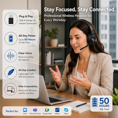 Wireless Headset with Mic for Work,Bluetooth Single Ear Headset for Laptop in Kuwait