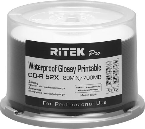 300 Ritek Pro CD-R 700MB Water Resistant Glossy White Inkjet Printable Disc in Kuwait