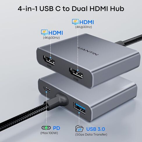 UANTIN 4-in-1 USB C Hub, Type C to Dual HDMI Adapter 4K in Saudi Arabia