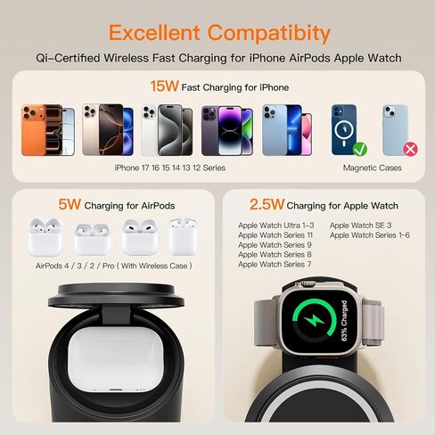 Foldable Magnetic 3 in 1 Wireless Charger Stand for iPhone Watch AirPods in Kuwait