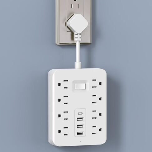 Power Strip with 1700J Surge Protector, Flat Plug Extension Cord with Multiple Outlets, 8 AC, 3 USB A & 1 USB C Port for 12W, Mini Extension Cord for Home, Office, Dorm Essential - US,White in Saudi Arabia
