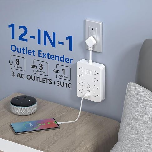 Power Strip with 1700J Surge Protector, Flat Plug Extension Cord with Multiple Outlets, 8 AC, 3 USB A & 1 USB C Port for 12W, Mini Extension Cord for Home, Office, Dorm Essential - US,White in Saudi Arabia
