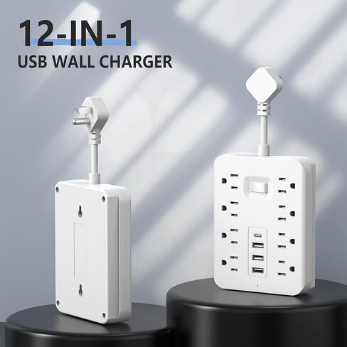 Power Strip with 1700J Surge Protector, Flat Plug Extension Cord with Multiple Outlets, 8 AC, 3 USB A & 1 USB C Port for 12W, Mini Extension Cord for Home, Office, Dorm Essential - US,White in Saudi Arabia