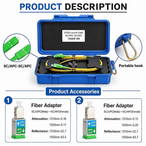 1KM OTDR Launch Cable SC/APC to SC/APC, with 2PCS APC-UPC Adapters, Attenuation Loss ~0.2 dB/km Single Mode Dead Zone Eliminator Cord, Fiber Optic Test Cable with Hard Protective Box in Kuwait