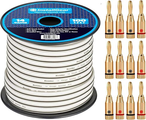 InstallGear 14 Gauge Speaker Wire with Banana Plugs - 100ft White Cable for Outdoor, Automotive & Marine in Kuwait