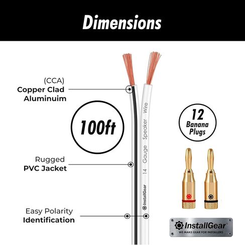 InstallGear 14 Gauge Speaker Wire with Banana Plugs - 100ft White Cable for Outdoor, Automotive & Marine in Kuwait