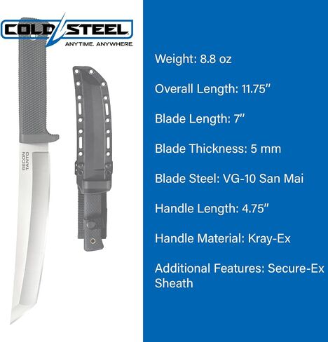 COLD STEEL Recon Tanto 7" VG-10 San Mai Razor-Sharp Blade 4.75" Kray-Ex Handle Military Tactical Fixed Blade Knife w/Secure-Ex Sheath in Kuwait