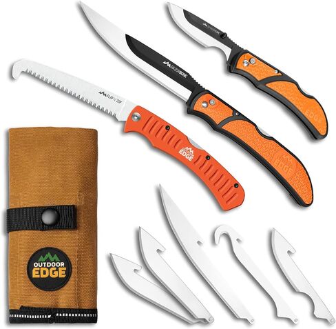 OUTDOOR EDGE RazorGuide Pak Hunting Knife Set. Features Two Replaceable Blade Hunting Knives, Bone Saw, all Stored Securely in a Compact Waxed Canvas Roll Pack in Kuwait