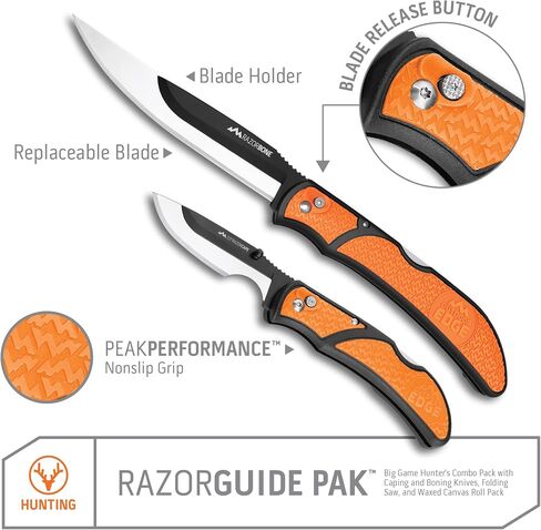 OUTDOOR EDGE RazorGuide Pak Hunting Knife Set. Features Two Replaceable Blade Hunting Knives, Bone Saw, all Stored Securely in a Compact Waxed Canvas Roll Pack in Kuwait