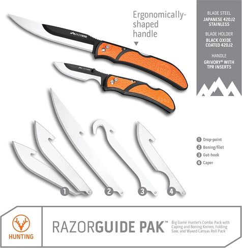 OUTDOOR EDGE RazorGuide Pak Hunting Knife Set. Features Two Replaceable Blade Hunting Knives, Bone Saw, all Stored Securely in a Compact Waxed Canvas Roll Pack in Kuwait
